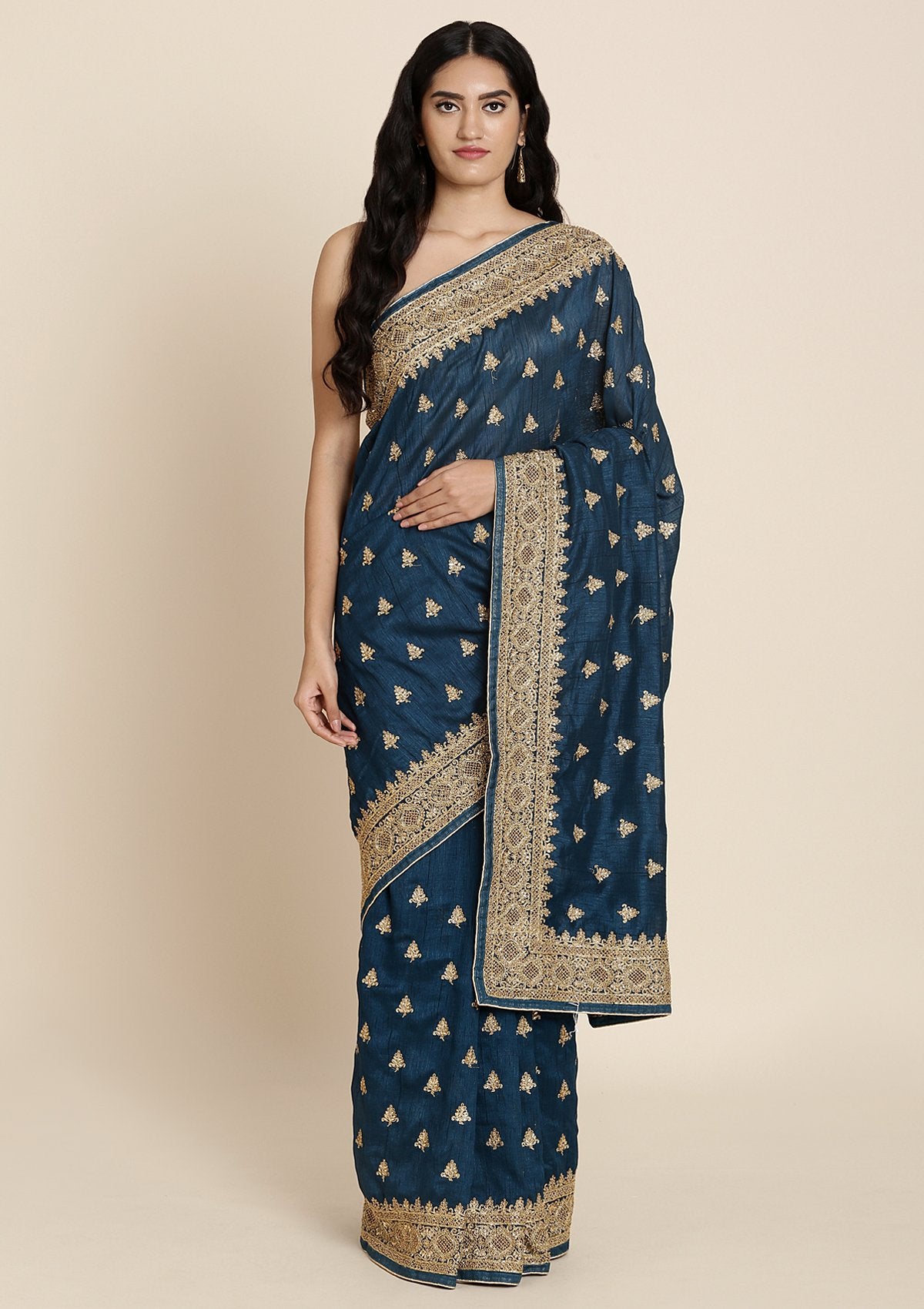 Peacock Blue Zariwork Art Silk Designer Saree - koskii