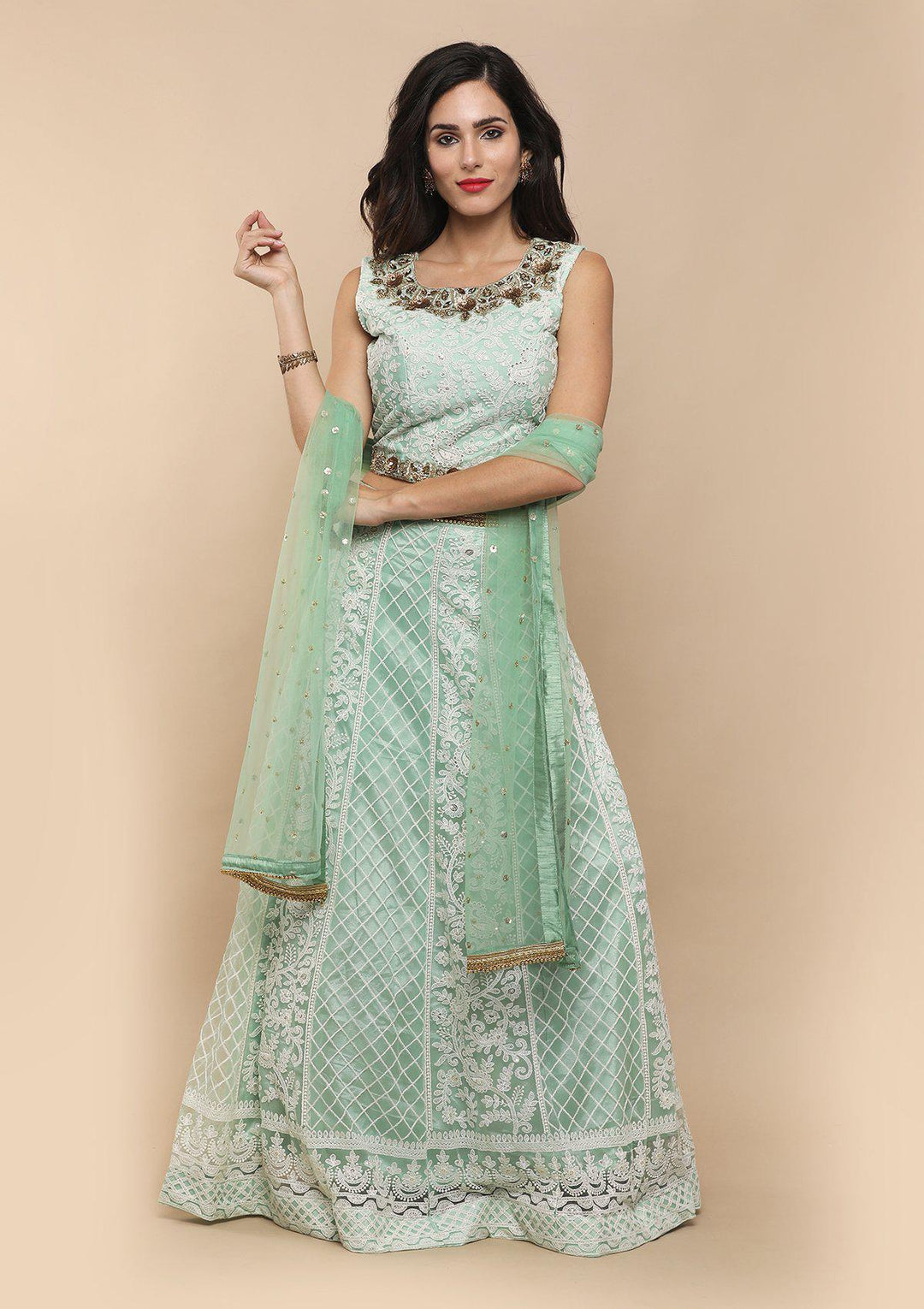 Green Thread Work Net Designer Lehenga-Koskii