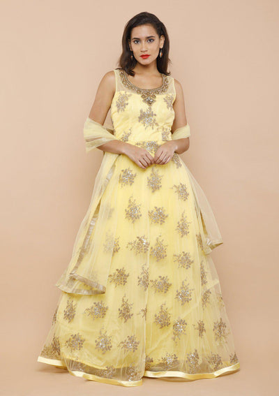 Sunshine Yellow Floral Net Designer Gown-Koskii