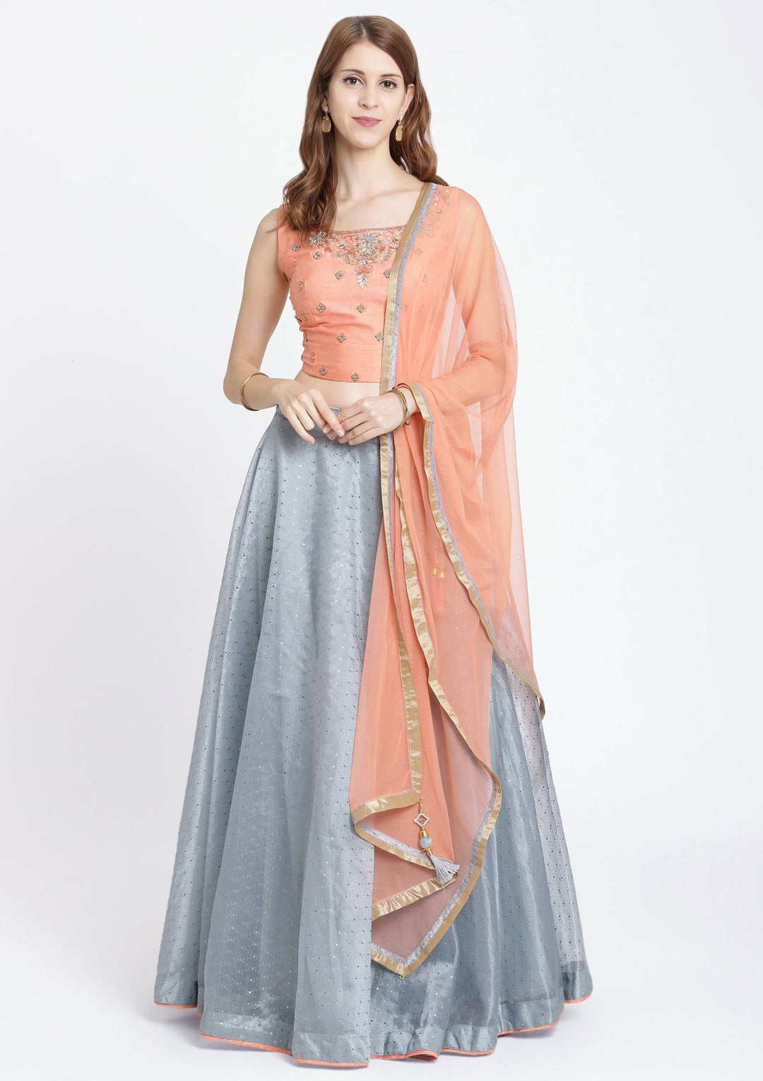 Dark Grey Zardozi Tissue Designer Lehenga-Koskii