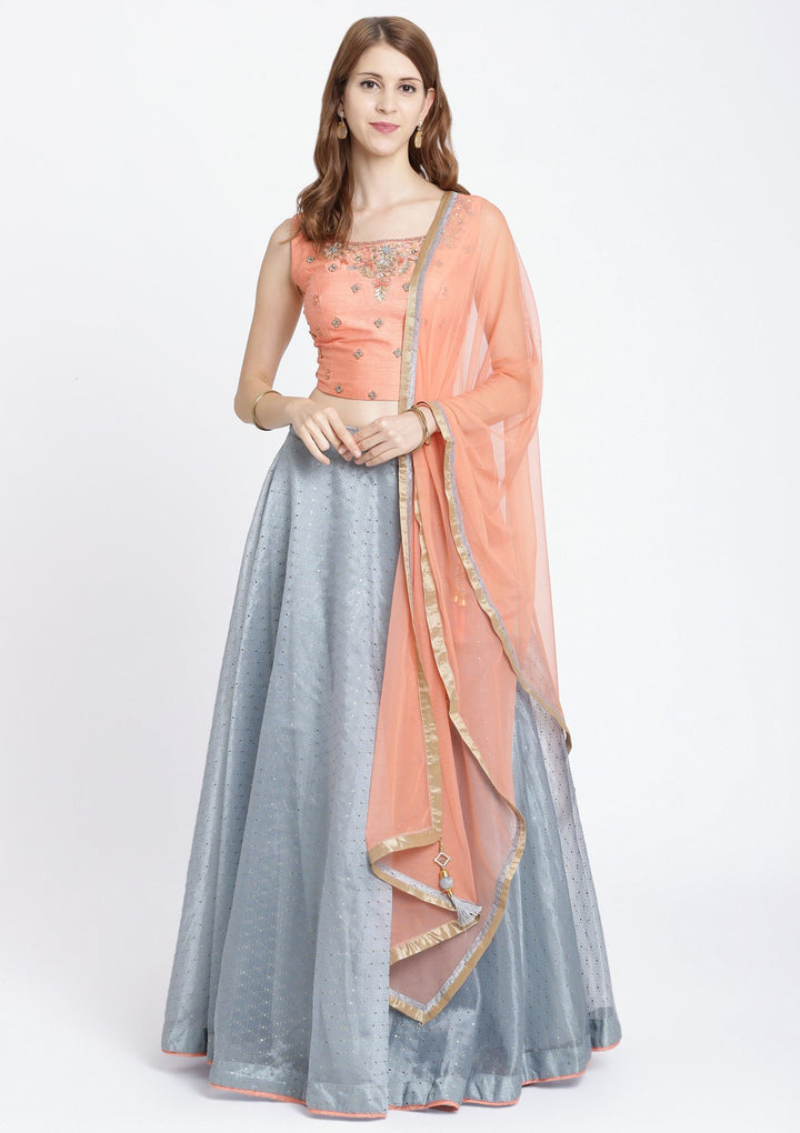 Dark Grey Zardozi Tissue Designer Lehenga-Koskii
