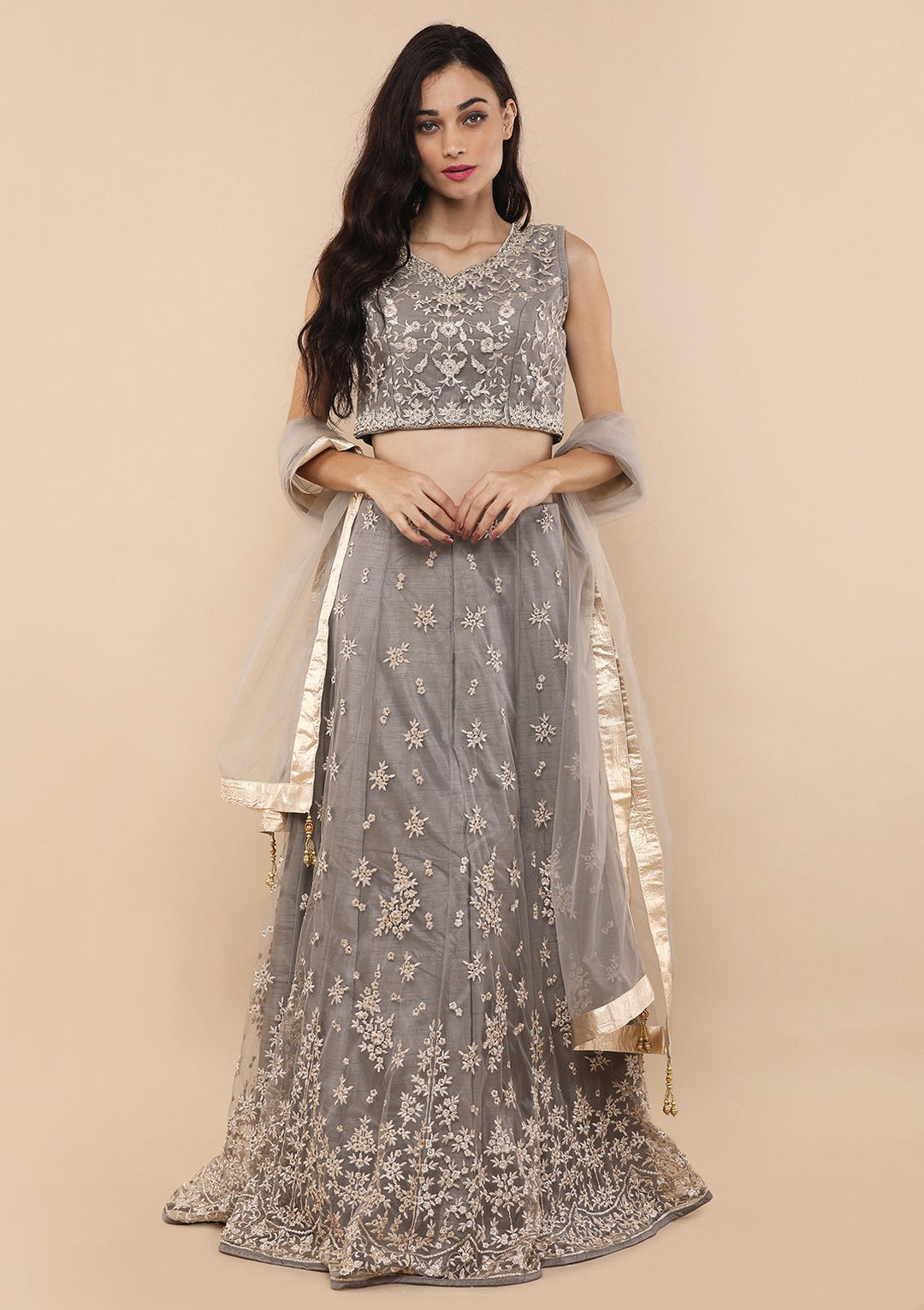 Grey Zari & Stone Work Silk Designer Gown-Koskii