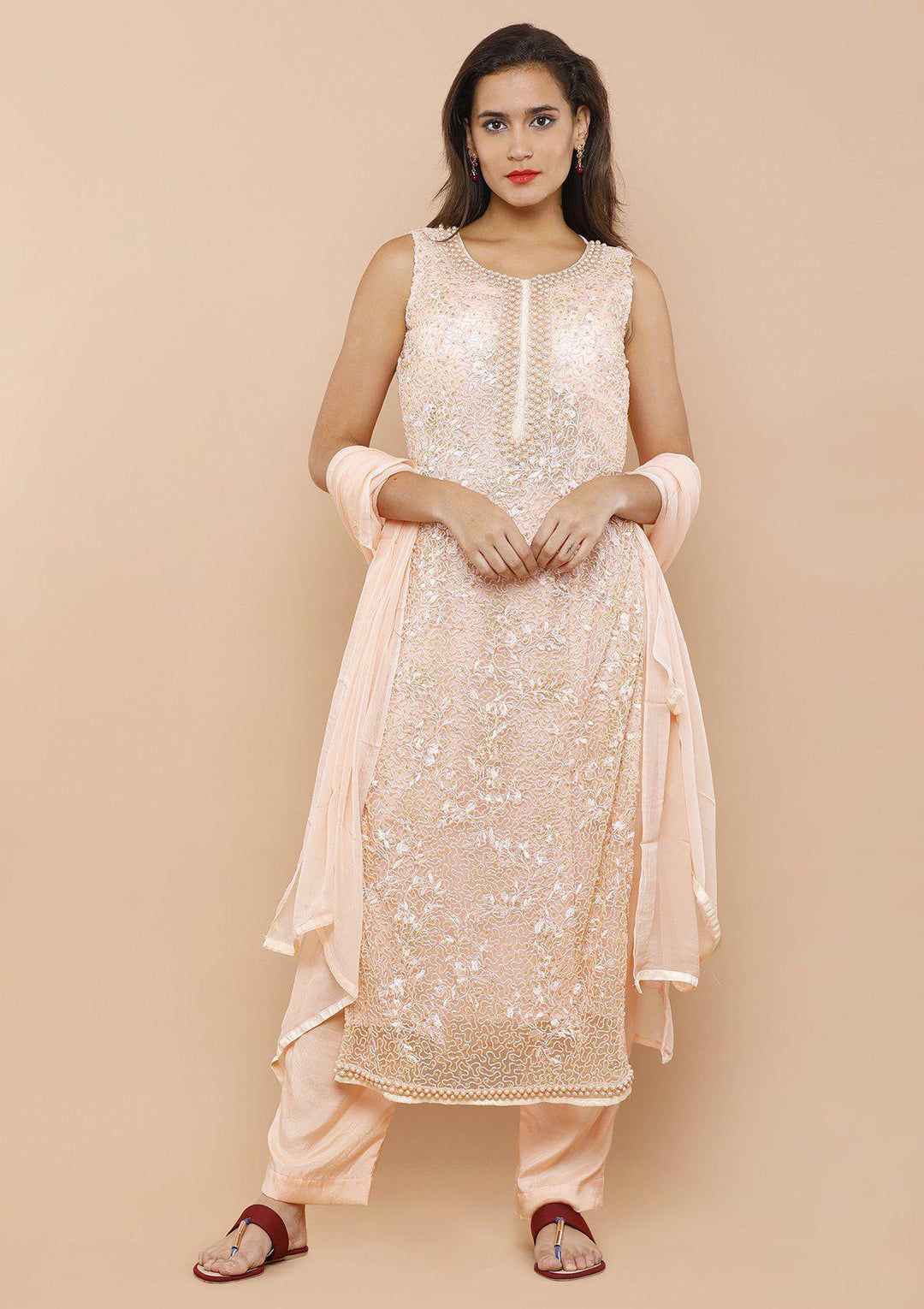 Peach Pearlwork Net Designer Salwar Suit-Koskii