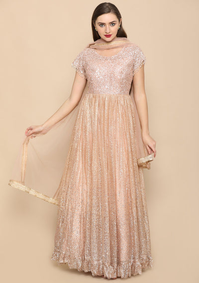 Peach Shimmer Work Silk Designer Gown-Koskii
