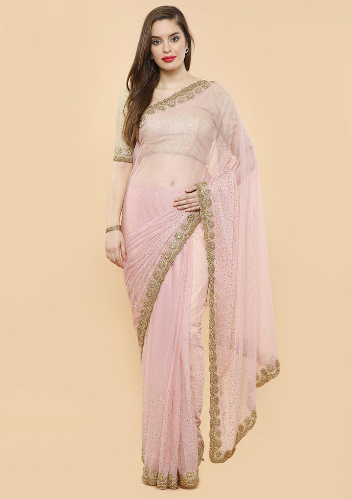 Baby Pink Stonework Net Designer Saree-Koskii