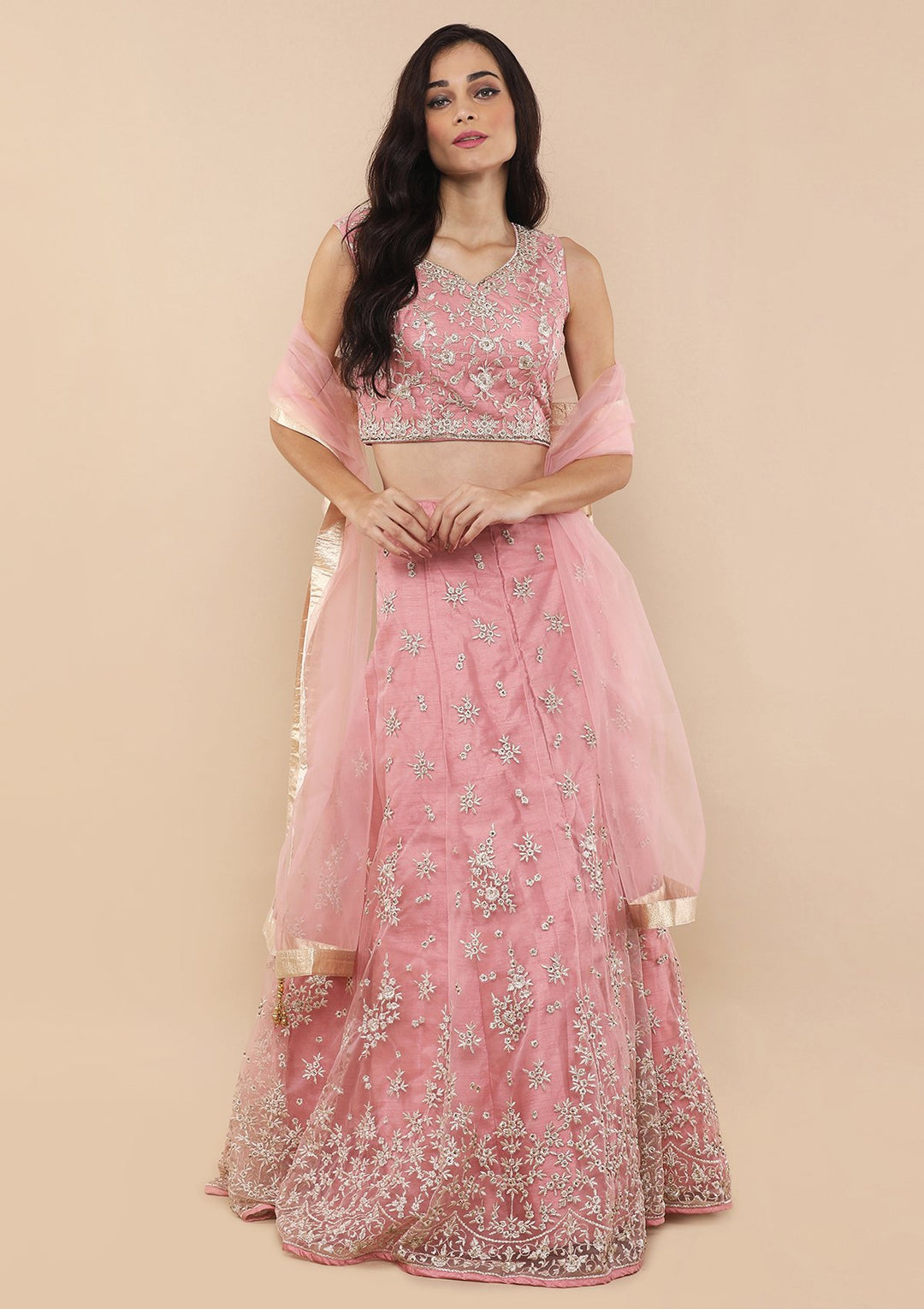 Pink Zari Work Silk Designer Lehenga-Koskii