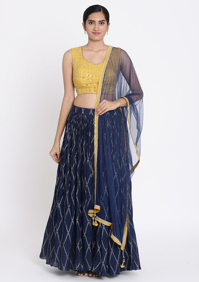 Navy Blue And Yellow Mirrorwork Satin Designer Lehenga - koskii