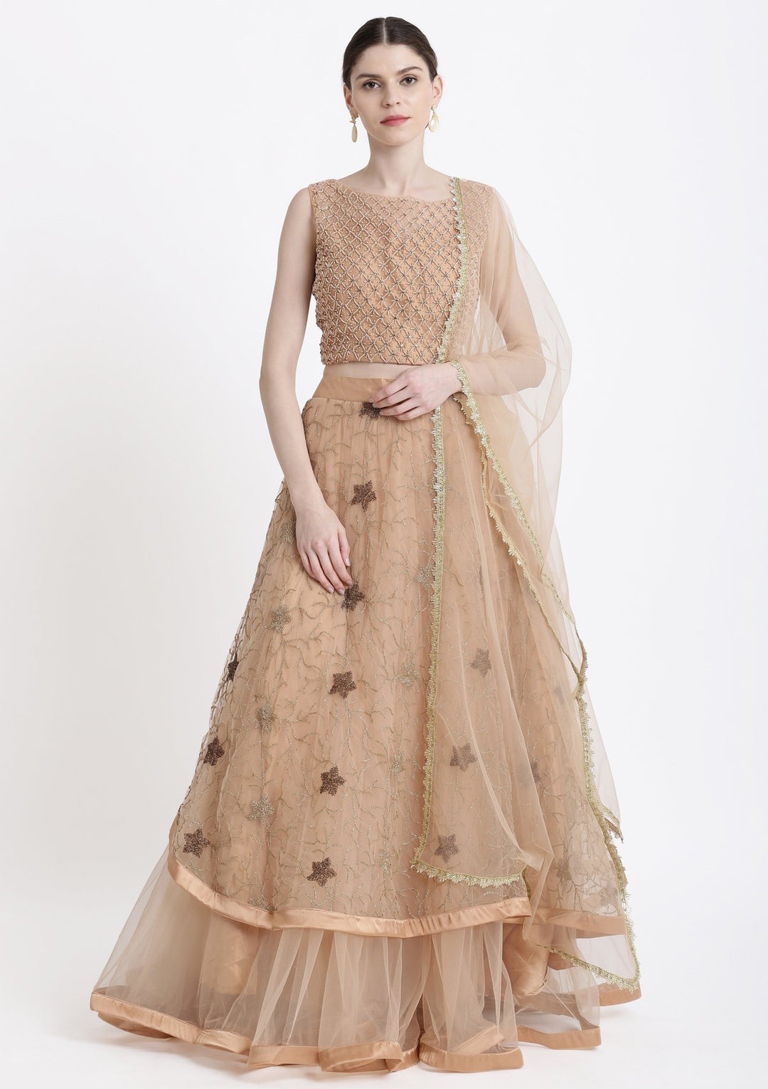 Peach Pearlwork Net Designer Lehenga-Koskii