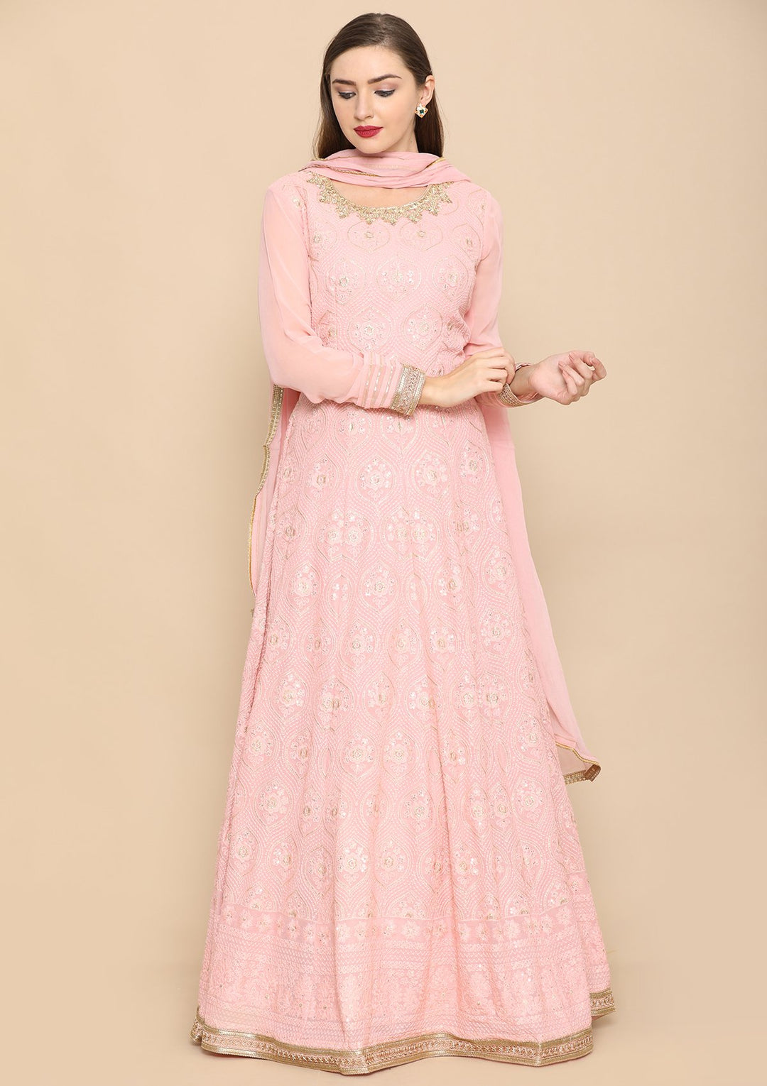 Baby Pink Zari Work Georgette Designer Gown-Koskii