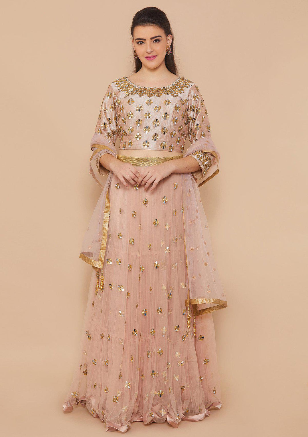 Dusty Rose Mirrorwork Net Designer Lehenga-Koskii