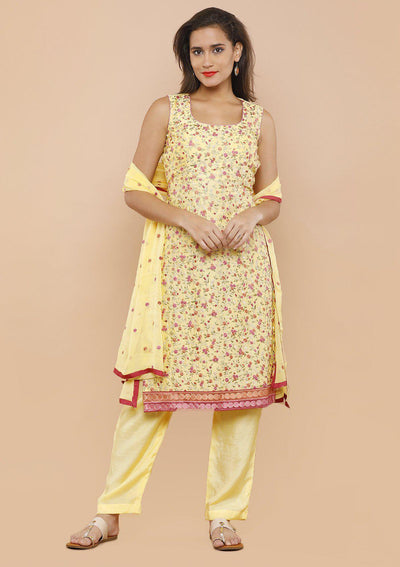 Yellow Floral Thread Work Designer Salwar Suit-Koskii