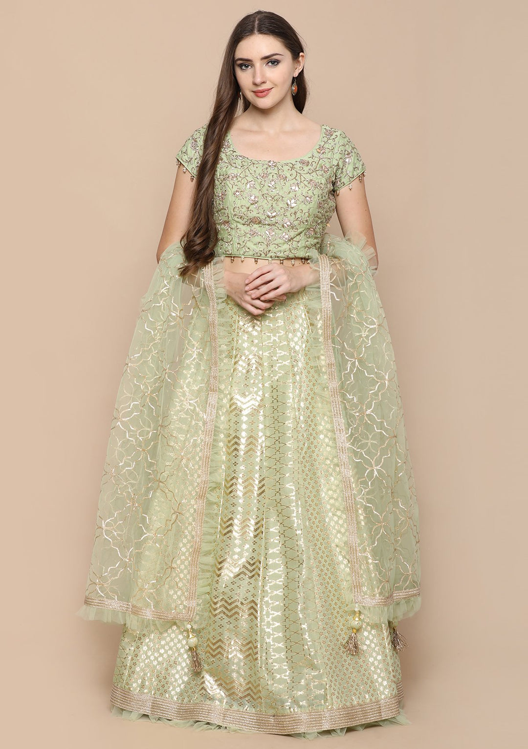 Pista Green Gotta Pathi Silk Designer Lehenga-Koskii