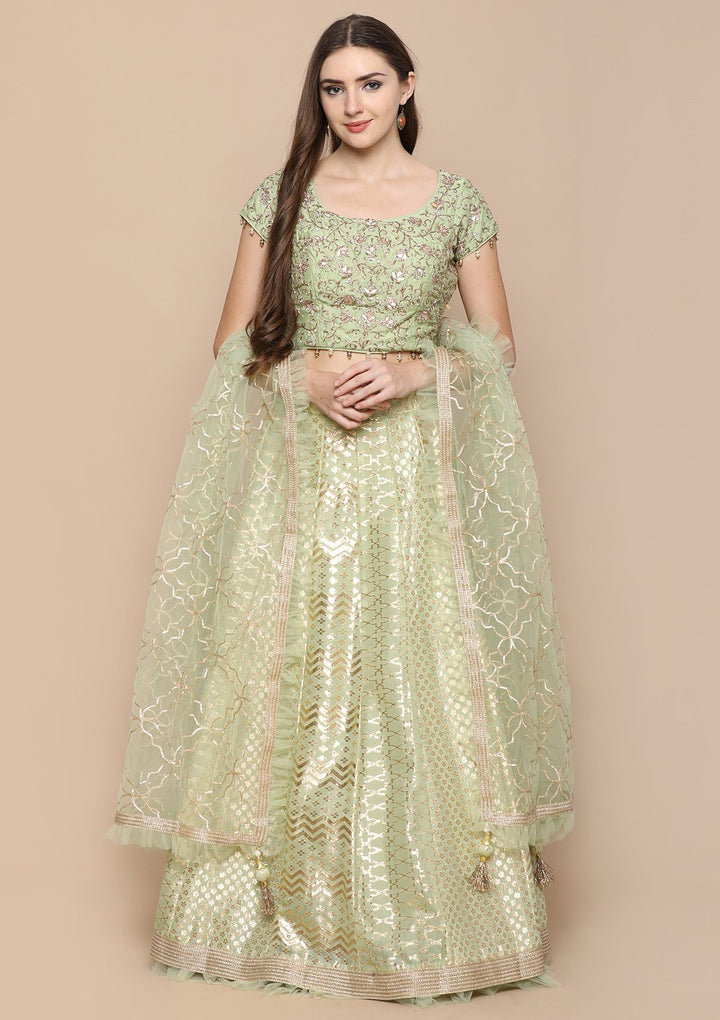 Pista Green Gotta Pathi Silk Designer Lehenga-Koskii