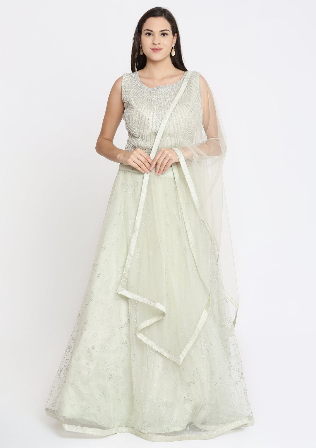 Pista Green Pearlwork Net Designer Lehenga-Koskii