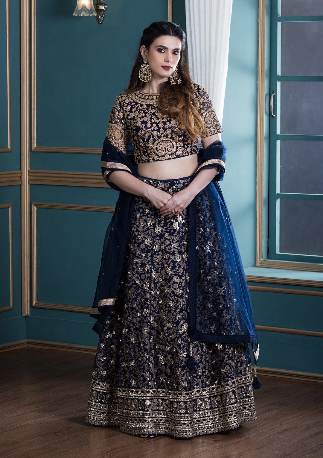 Navy Blue Embellished Net Designer Lehenga-Koskii