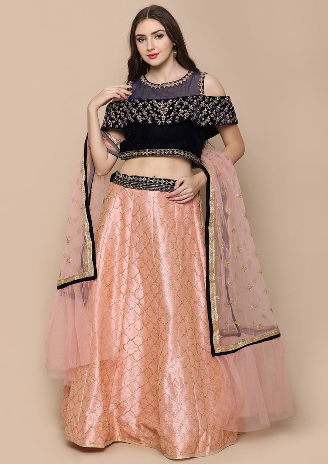 Pink Thread Work Velvet Designer Lehenga-Koskii