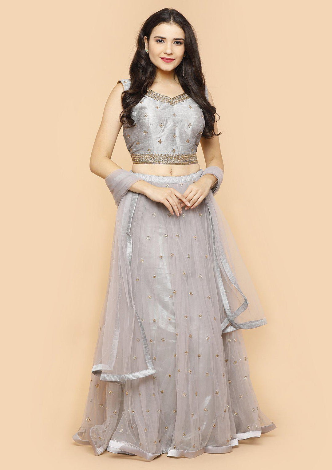 Steel Grey Stonework Silk Designer Lehenga-Koskii