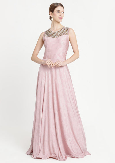 Baby Pink Pearlwork Lycra Designer Gown-Koskii