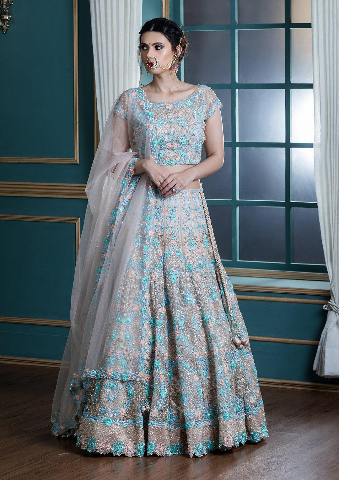 Beige Threadwork Net Designer Lehenga-Koskii