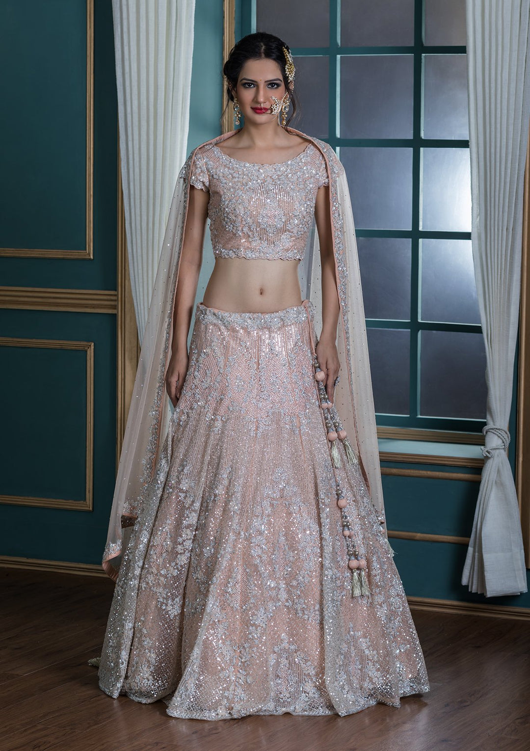 Peach Sequinned Net Designer Lehenga-Koskii