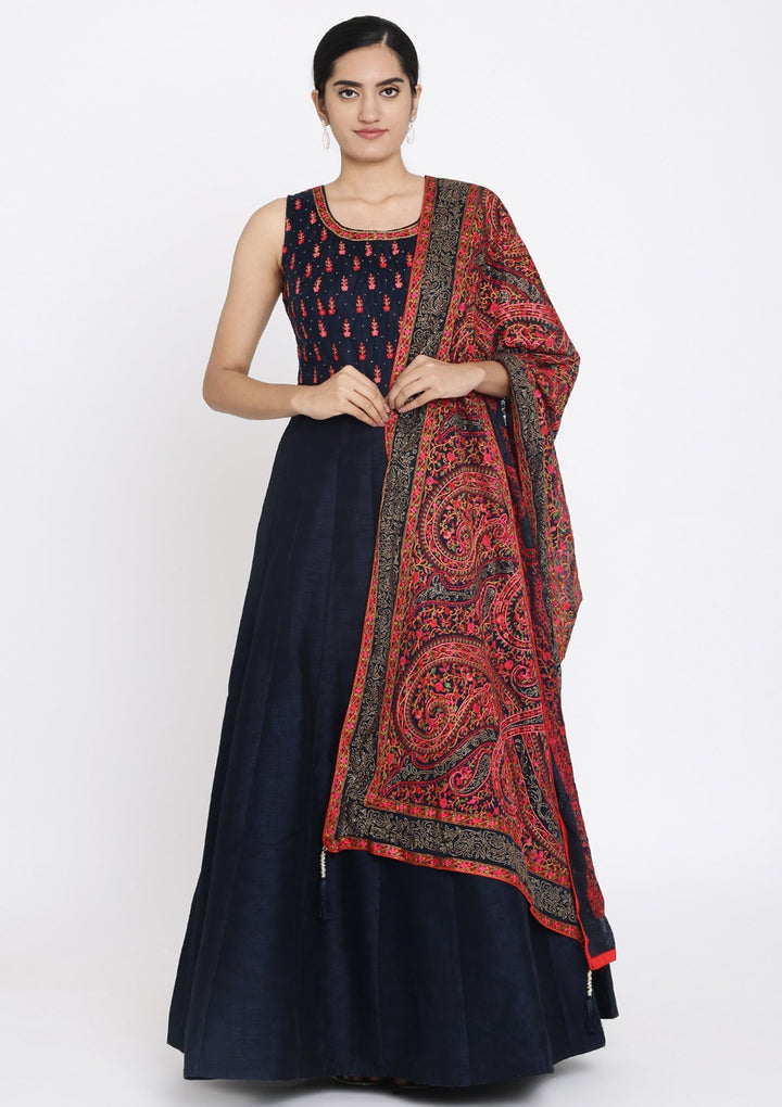 Navy Blue Swarovski Raw Silk Designer Gown - koskii
