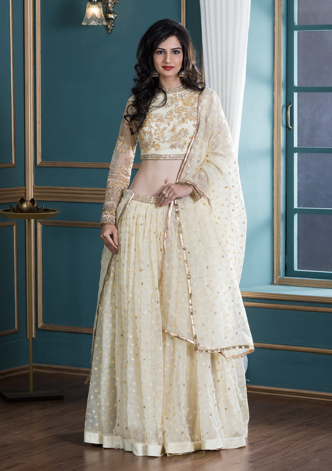 Yellow Embellished Net Designer Lehenga-Koskii