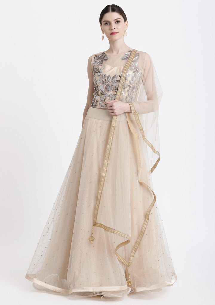 Beige Sequins Net Designer Lehenga-Koskii