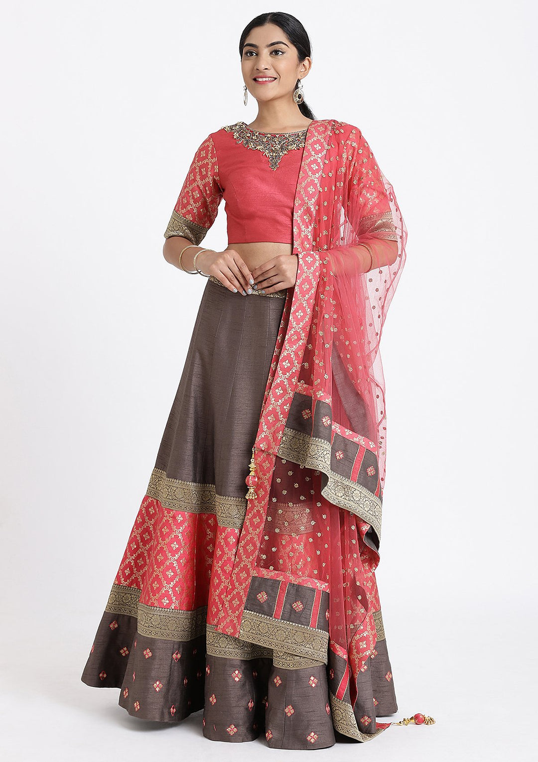 Grey and Pink Pearlwork Raw Silk Designer Lehenga-Koskii