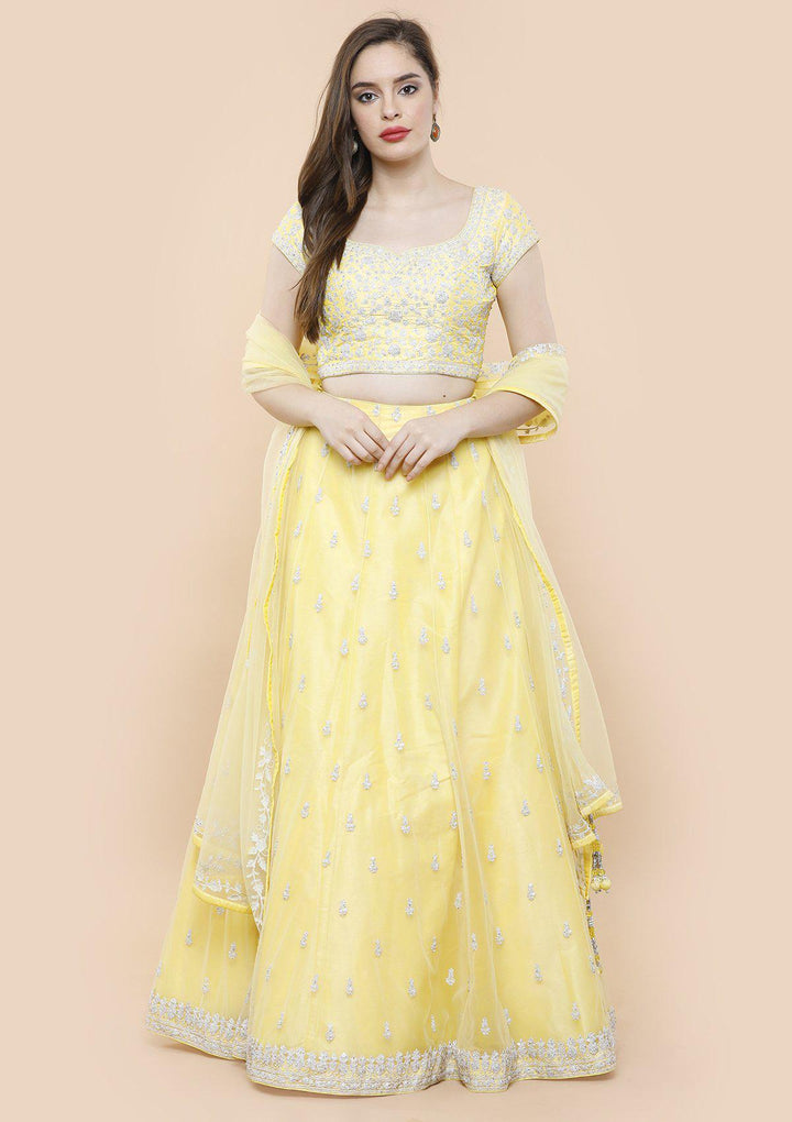 koskii lemon yellow thread work bridal lehenga-Koskii