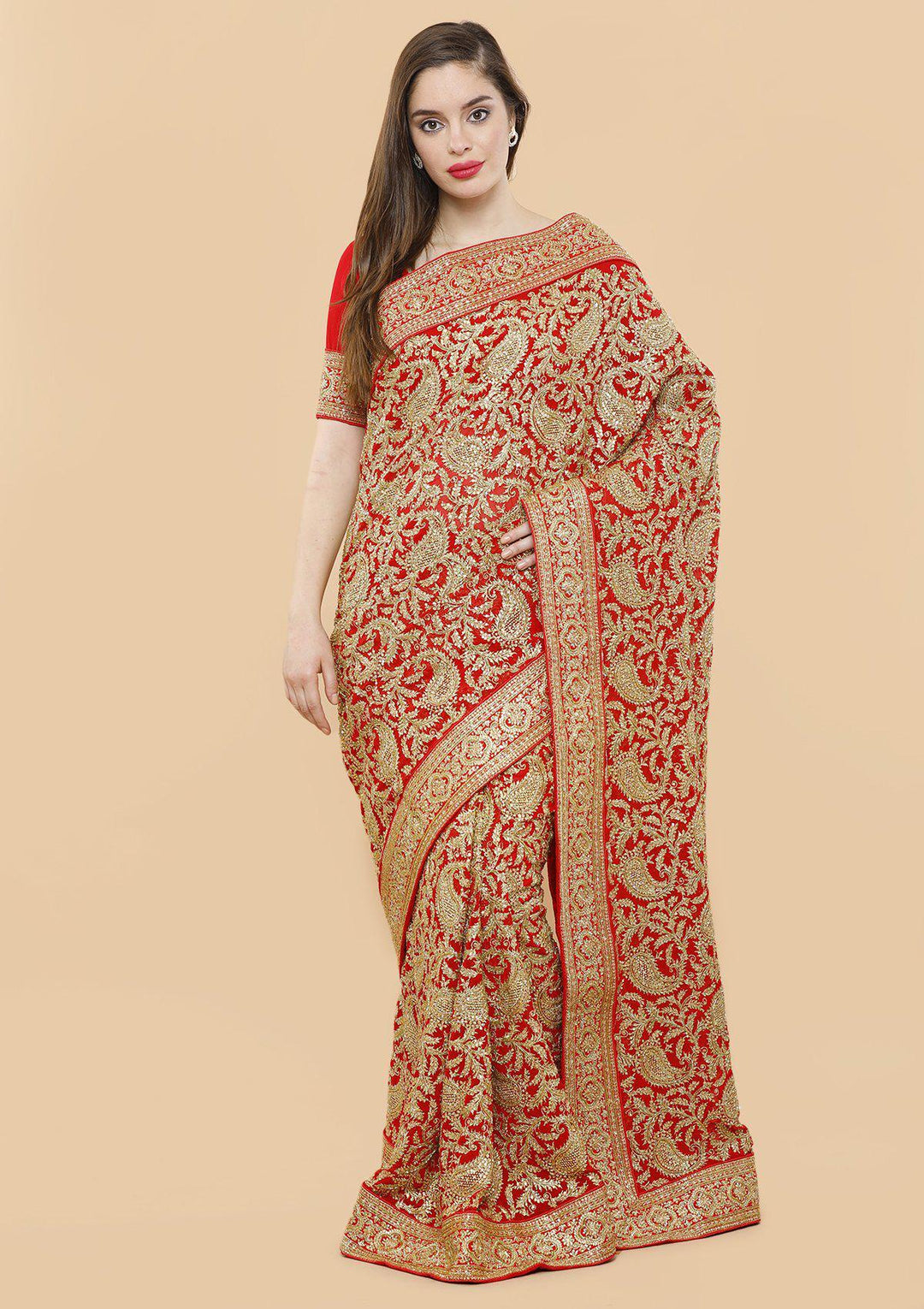 koskii crimson red and gold saree-Koskii