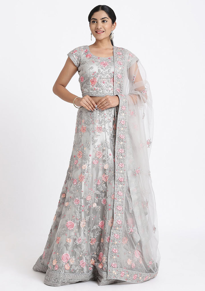 Silver Threadwork Net Designer Lehenga-Koskii