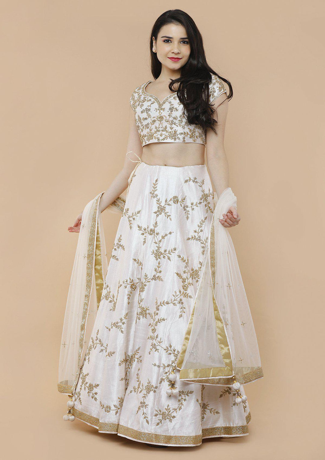 Ivory White Zardozi Work Designer Lehenga-Koskii