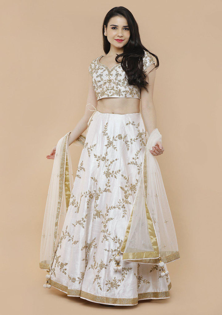 Ivory White Zardozi Work Designer Lehenga-Koskii