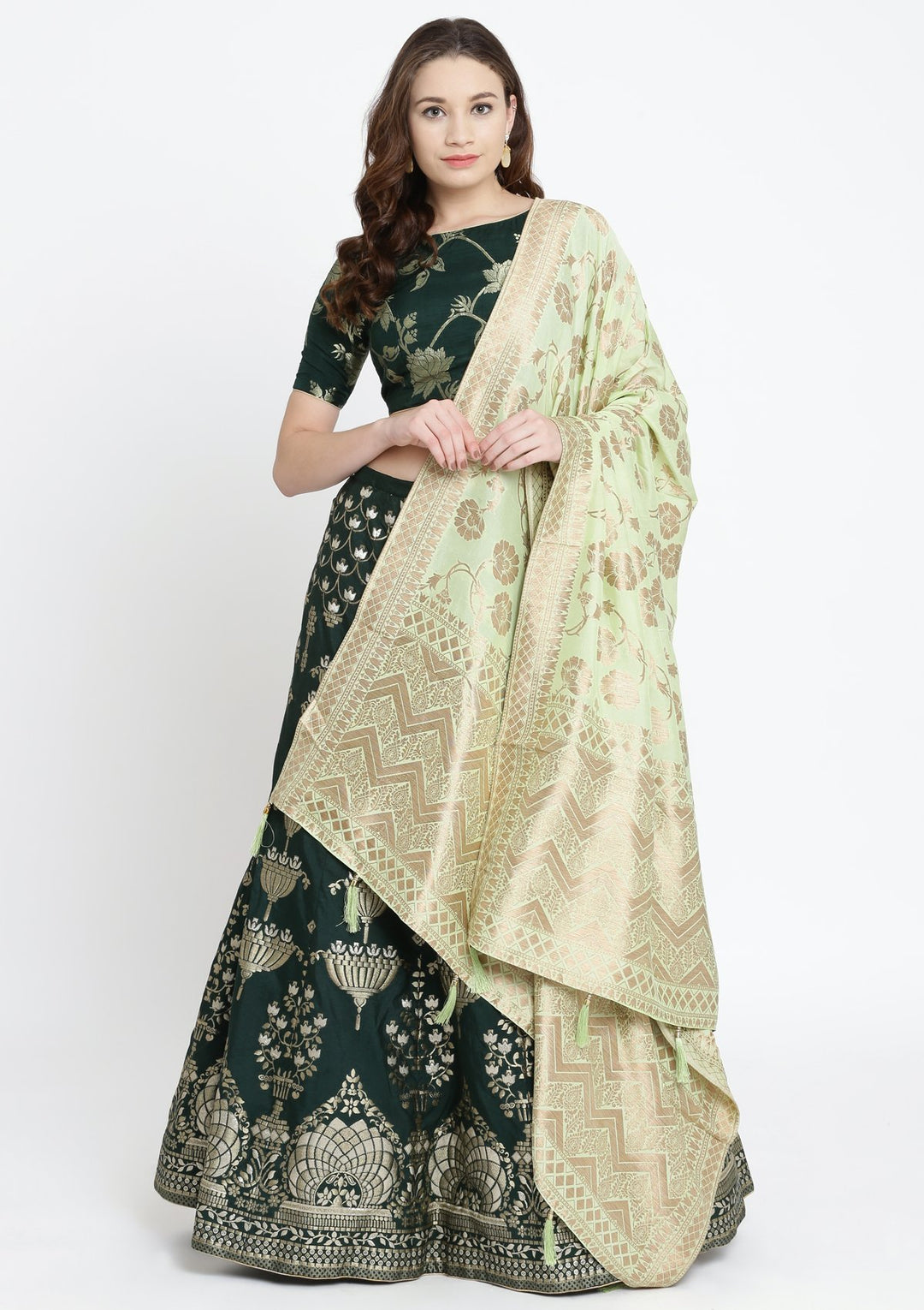 Bottle Green Zariwork Brocade Designer Lehenga-Koskii