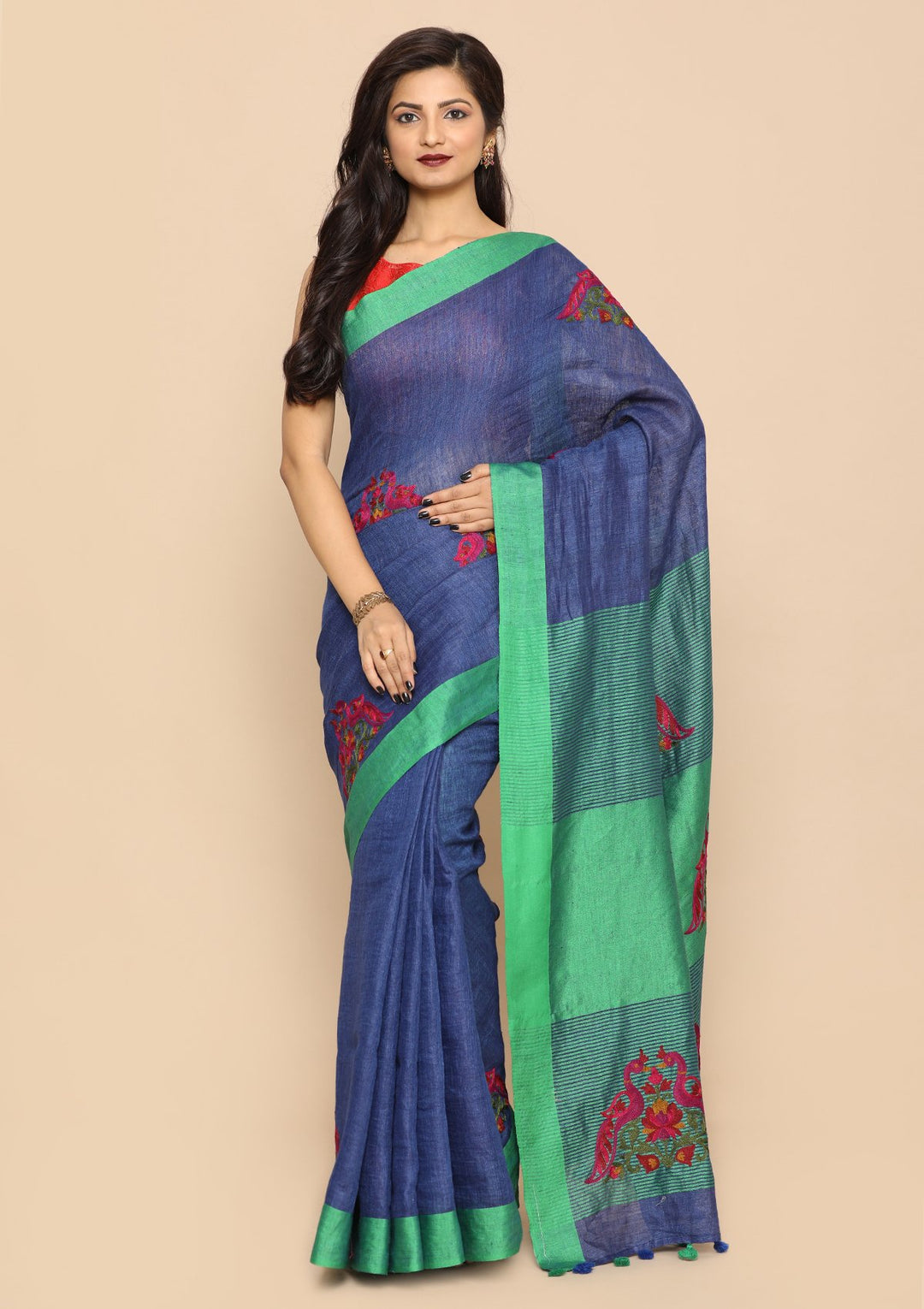 Green and Blue Chequered Handmade Saree-Koskii