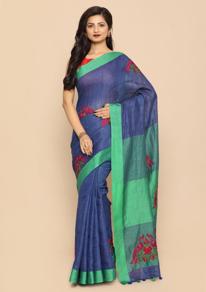 Green and Blue Chequered Handmade Saree-Koskii