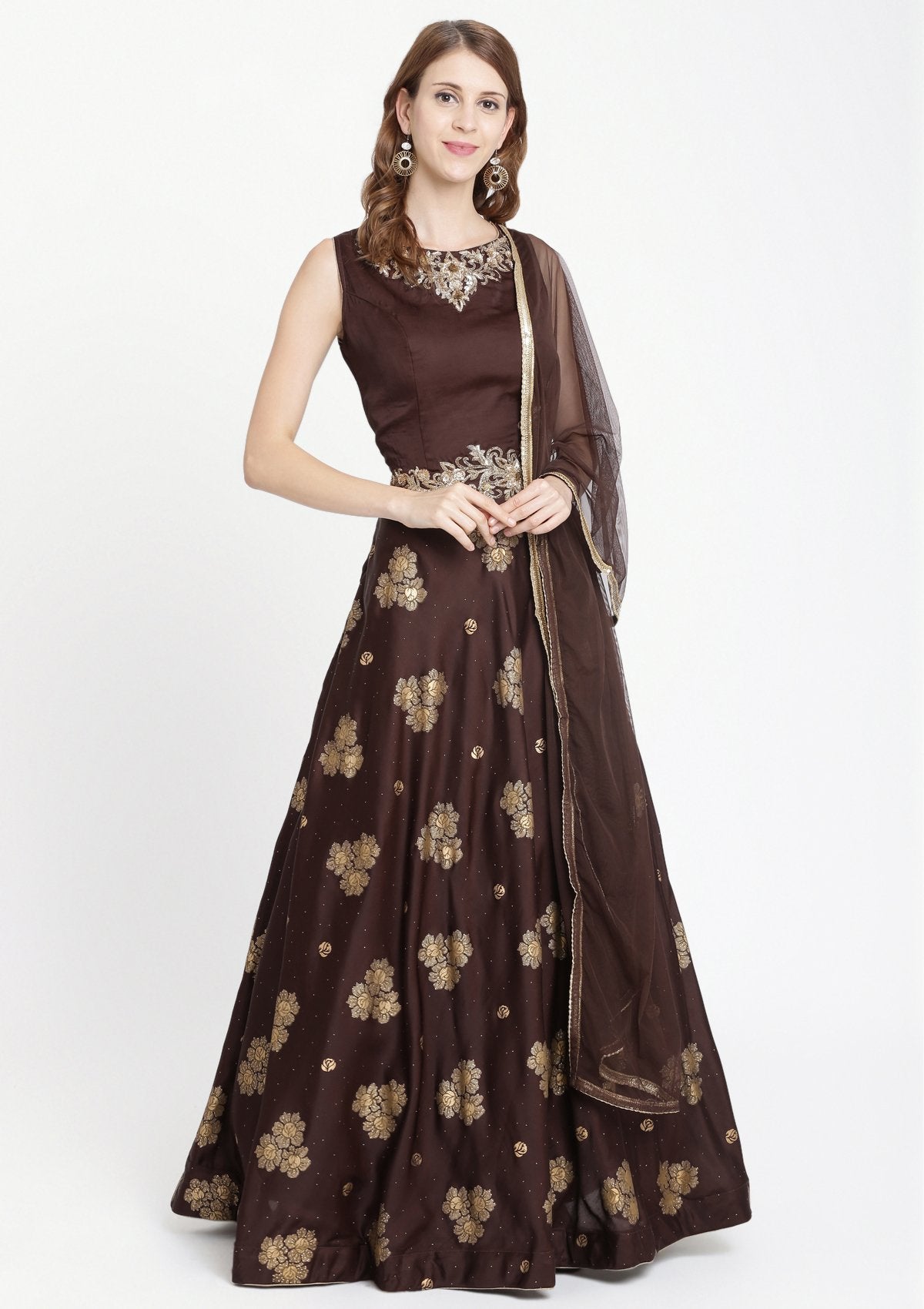 Brown Zariwork Silk Designer Gown-Koskii