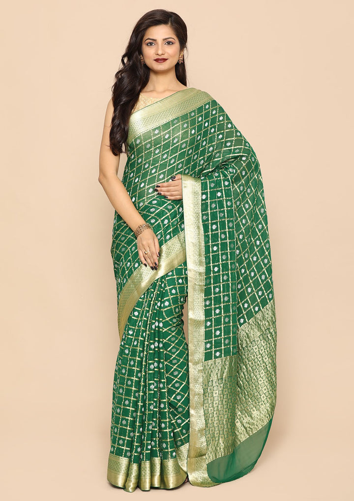 Green Chequered Handmade Saree-Koskii