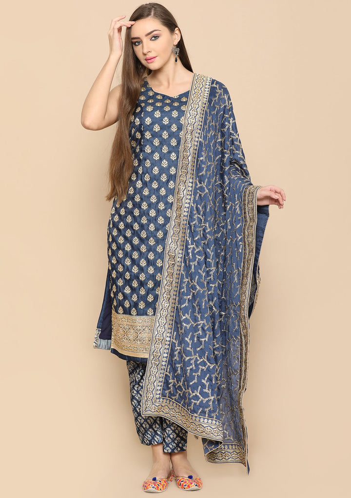 royal blue and gold designer salwar suit-Koskii
