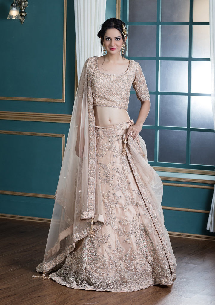 Peach Pink Embellished Net Designer Lehenga-Koskii