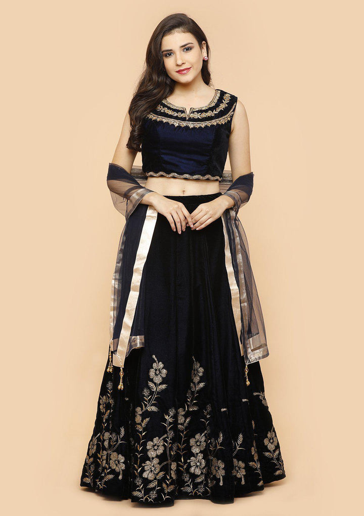 Midnight Blue Embellished Velvet Designer Lehenga-Koskii
