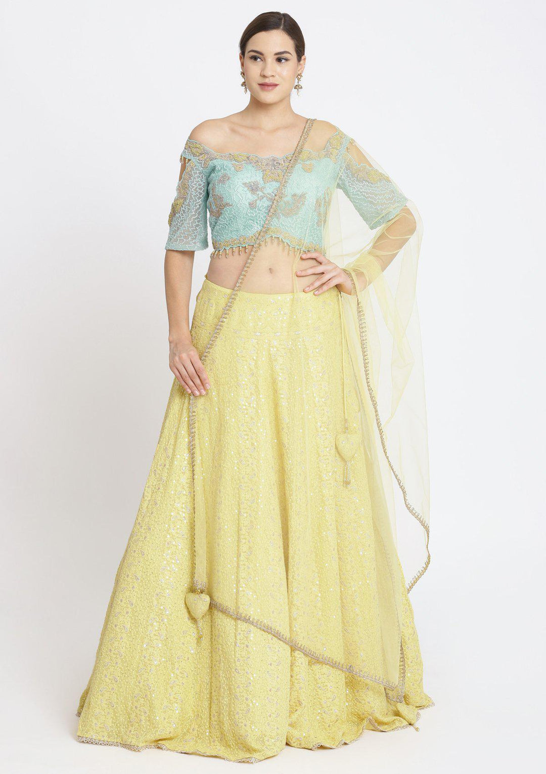 Yellow and Sea Green Chikankari Georgette Designer Lehenga-Koskii