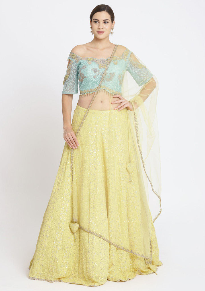 Yellow and Sea Green Chikankari Georgette Designer Lehenga-Koskii