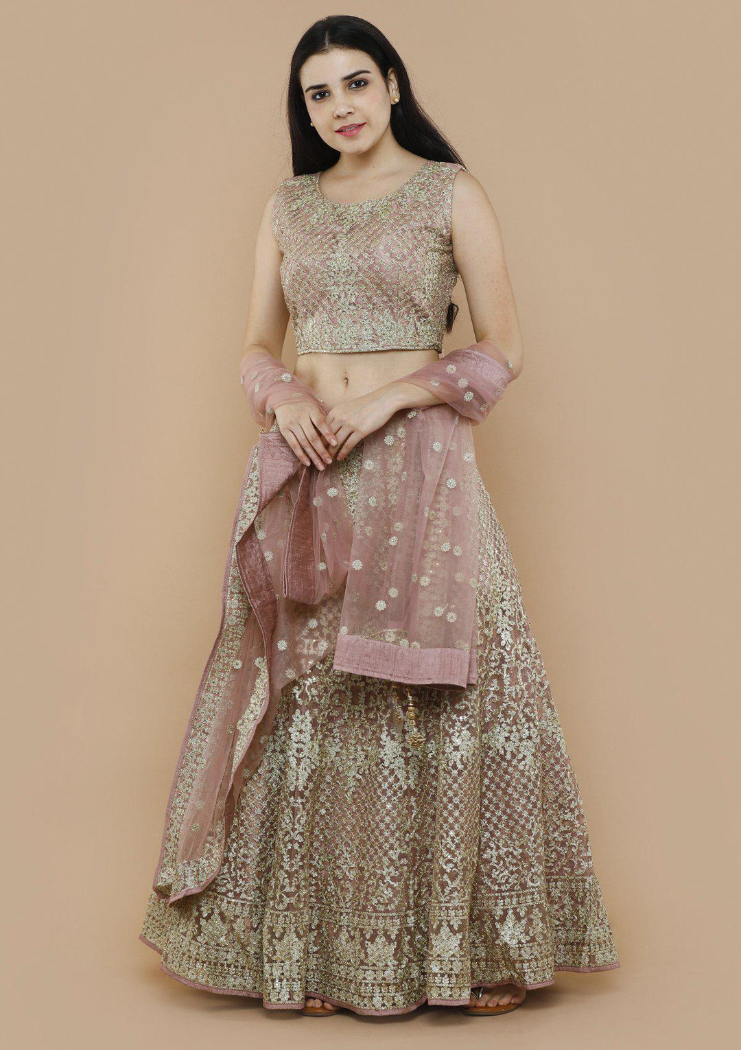 Dusty Rose Net Threadwork Designer Lehenga-Koskii