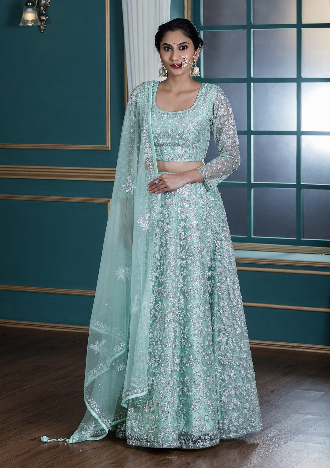 Pista Green Sequinned Net Designer Lehenga-Koskii