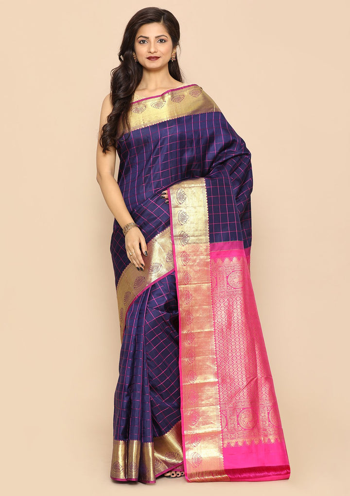 Navy Blue and Magenta Handmade Saree-Koskii