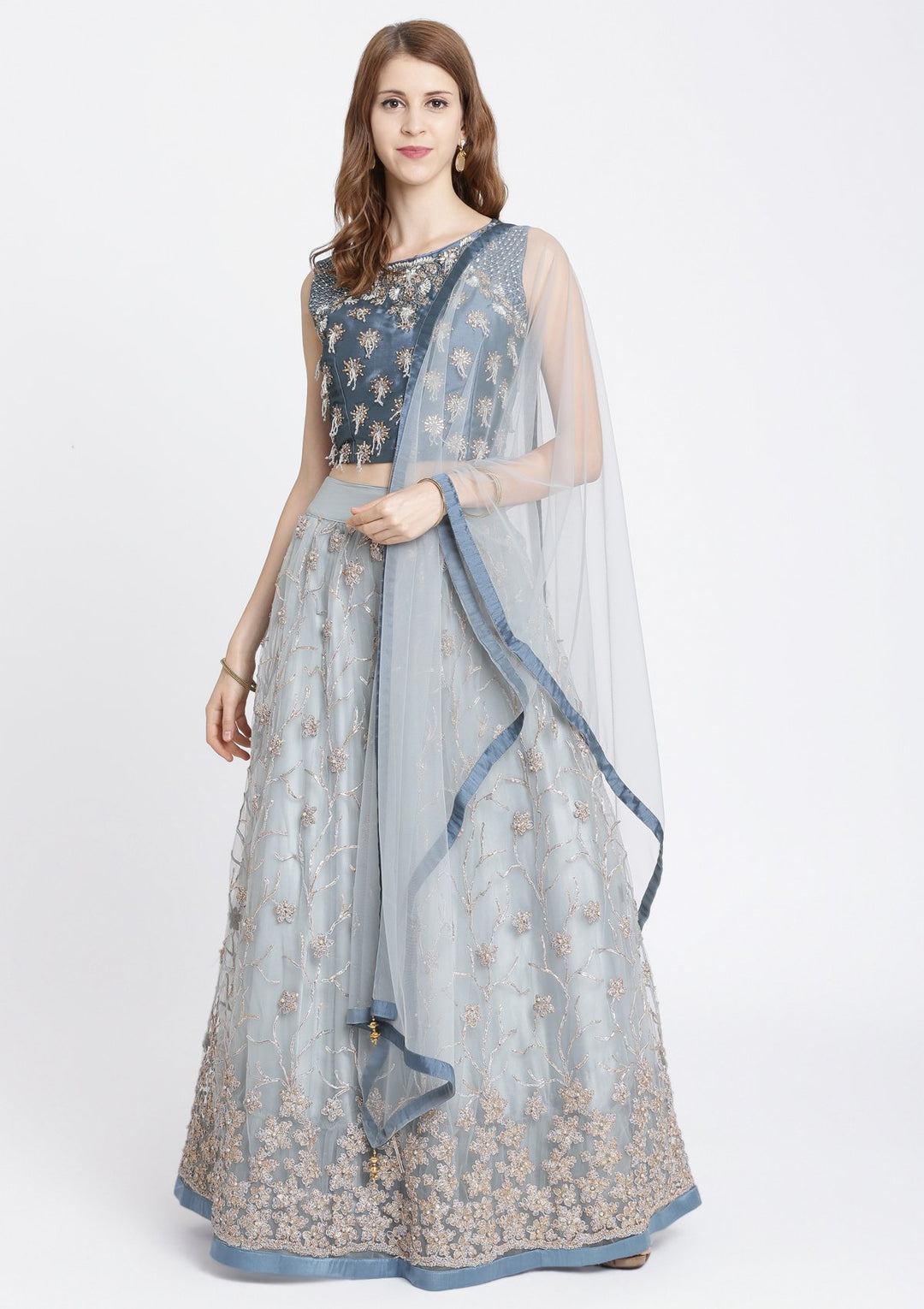 Light Grey Stonework Net Designer Lehenga-Koskii
