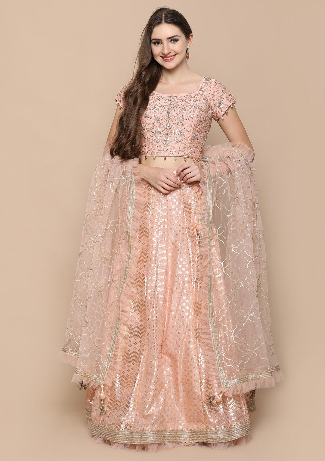 Peach Pink Cutdana Work Brocade Designer Lehenga-Koskii