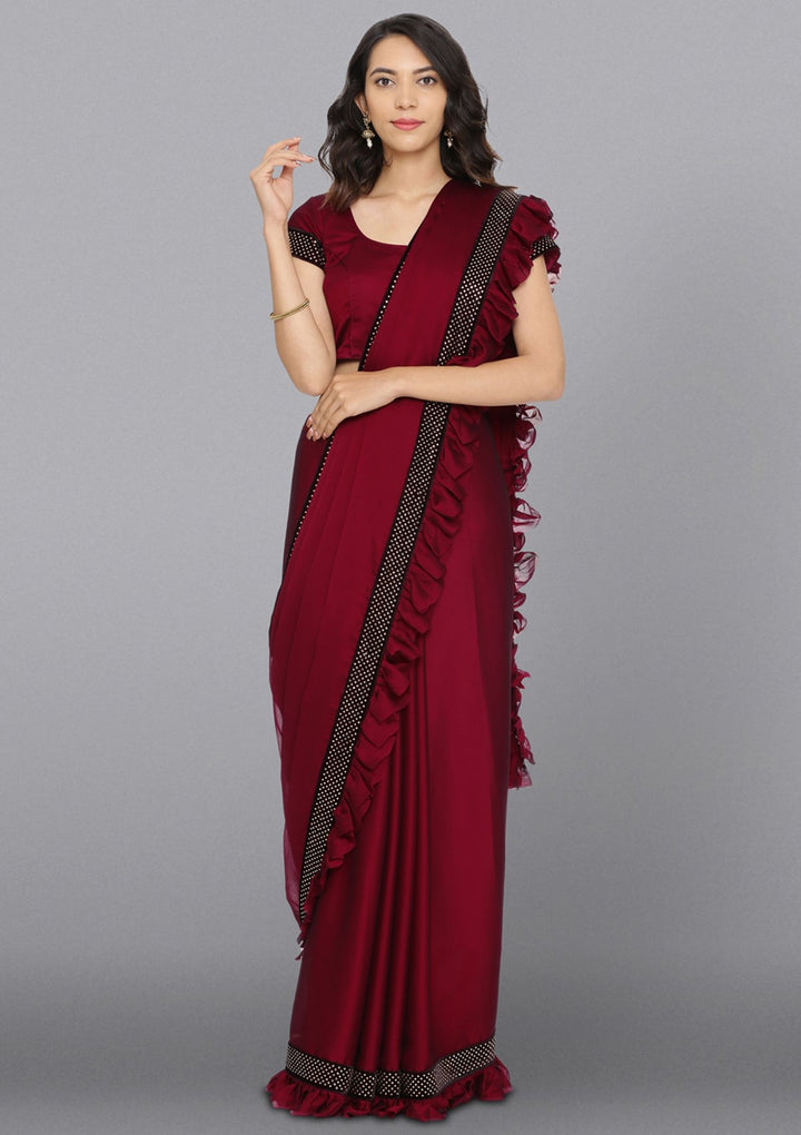 Maroon Swarovski Satin Designer Saree-Koskii