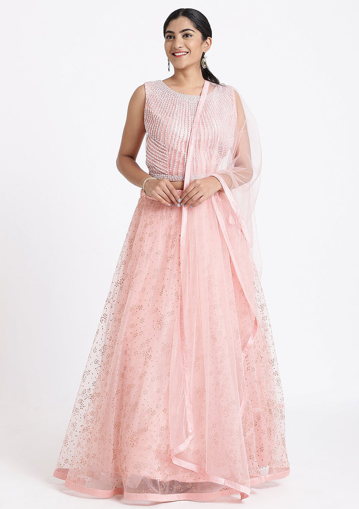 Pink Pearlwork Net Designer Lehenga-Koskii